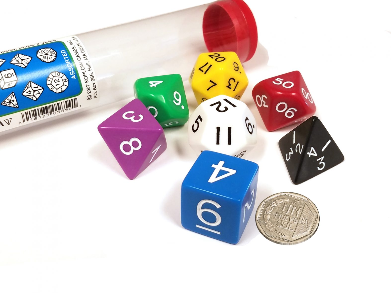 Dados JUMBO en tubo colores surtidos (set de 7 dados poliédricos)