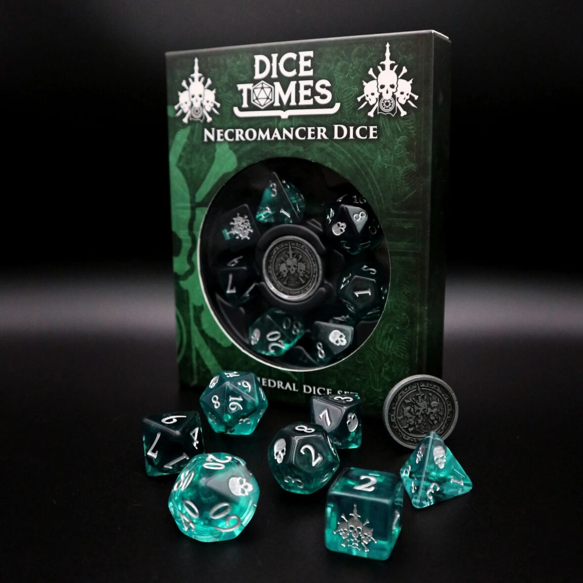 Dados del Necromante – Set de dados poliédricos + 1 moneda